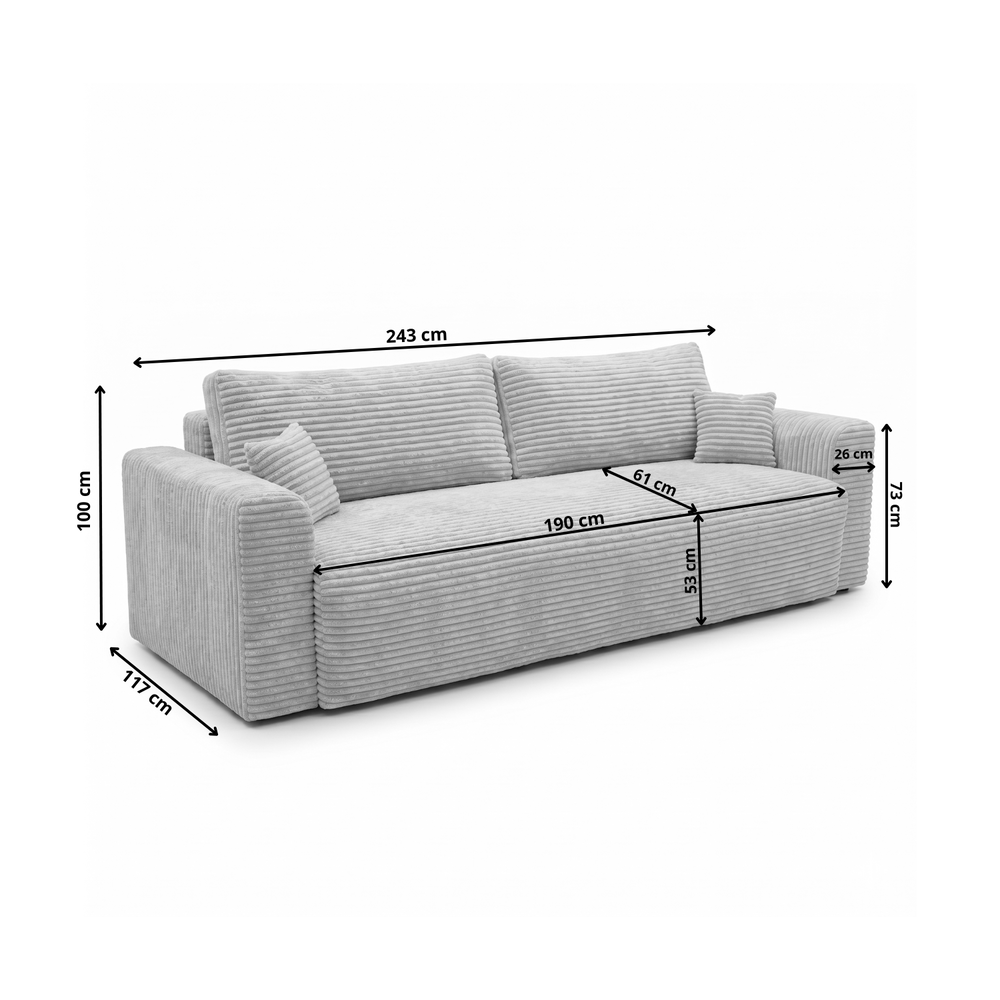 Sofa CALIDA – matmenų schema #spalva_tilia 86 · šviesiai pilka