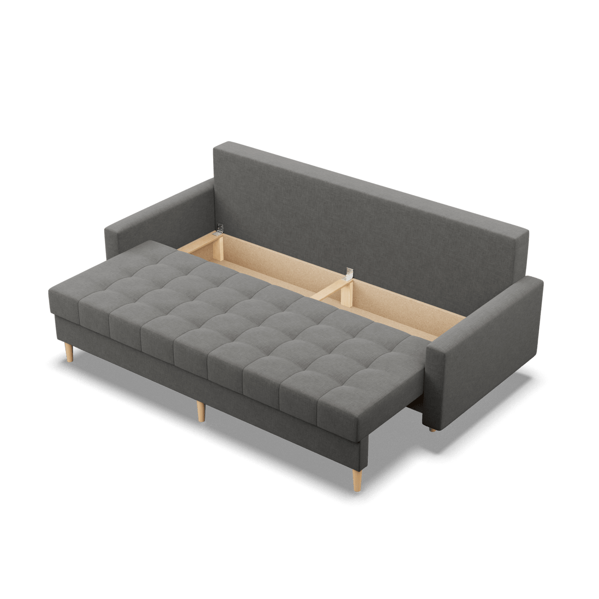 Sofa lova RIALTO trivietė – LUX 06 · Tamsiai pilka – atverta patalynės dėžė #spalva_lux 06 · tamsiai pilka