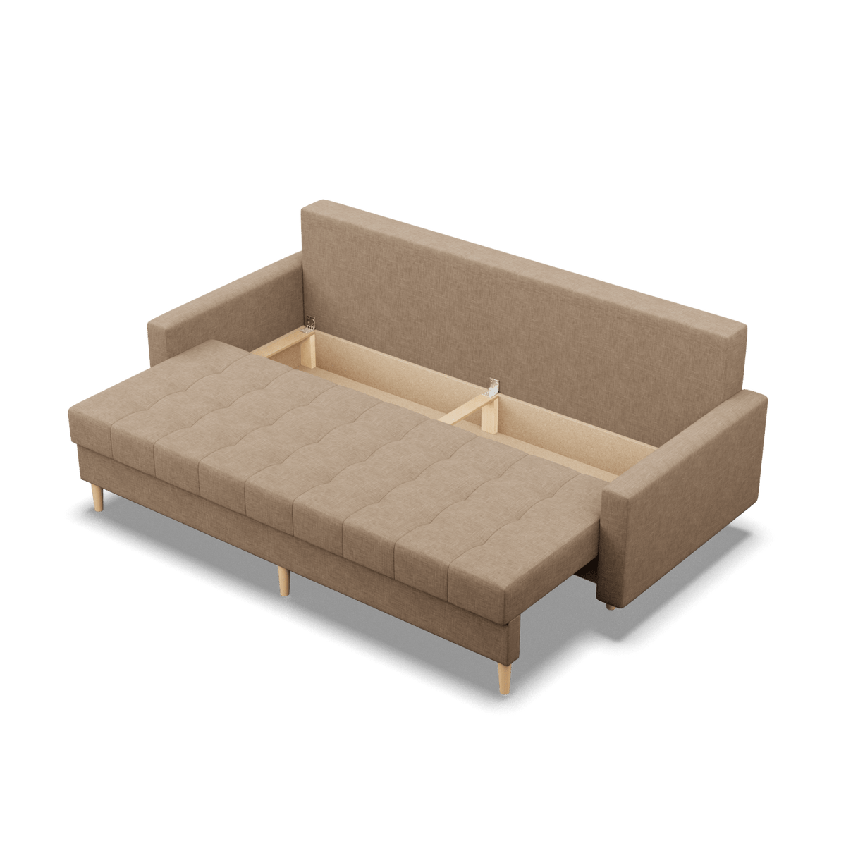 Sofa lova RIALTO trivietė – LUX 02 · Kapučino – atverta patalynės dėžė #spalva_lux 02 · kapučino