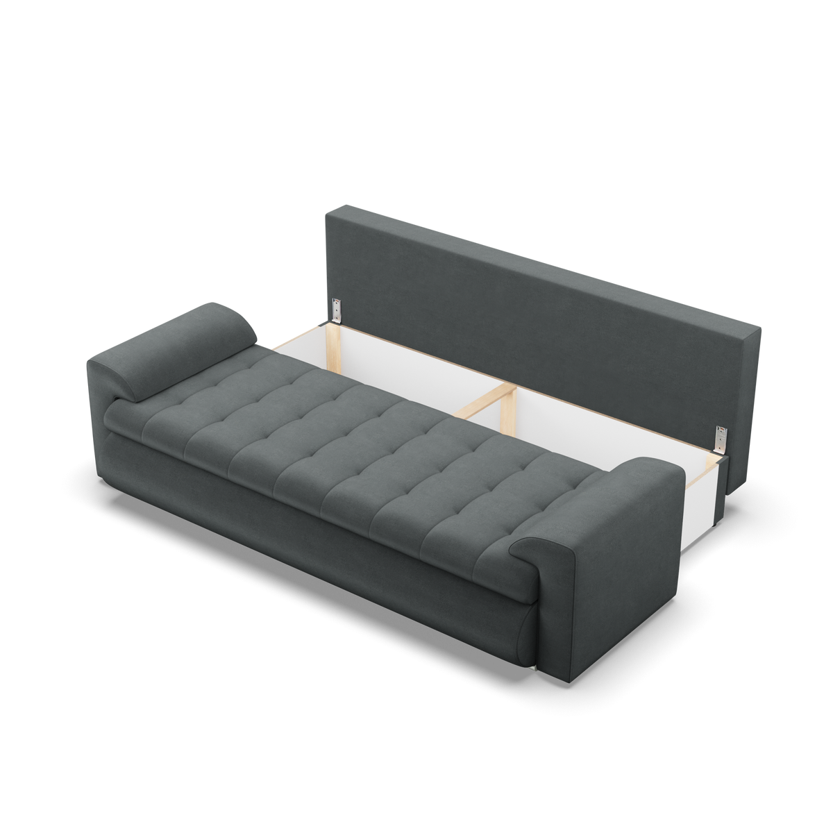 Sofa FORESTA – KRONOS 34 · Tamsiai pilka – atverta patalynės dėžė #spalva_kronos 34 · tamsiai pilka