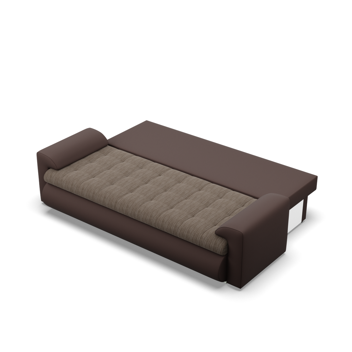 Sofa FORESTA – LAWA 02 + REAL 66 · Ruda + Kapučino – išskleista miegamoji dalis #spalva_lawa 02 + real 66 · ruda + kapučino