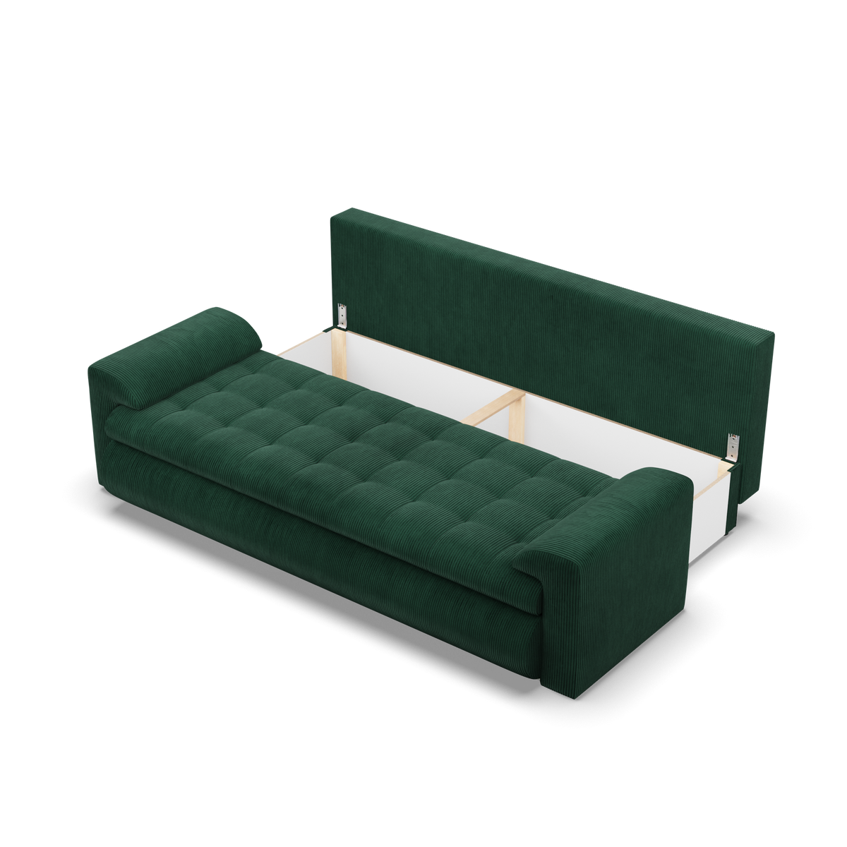Sofa FORESTA – POSO 014 · Butelio žalia – atverta patalynės dėžė #spalva_poso 014 · butelio žalia