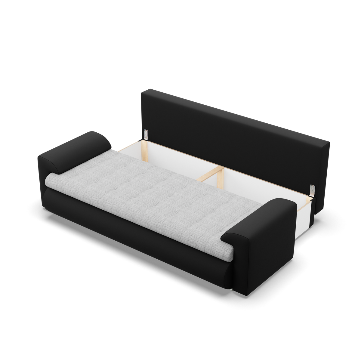 Sofa FORESTA – LAWA 09 + REAL 11 · Pilka + Juoda – atverta patalynės dėžė #spalva_lawa 09 + real 11 · pilka + juoda