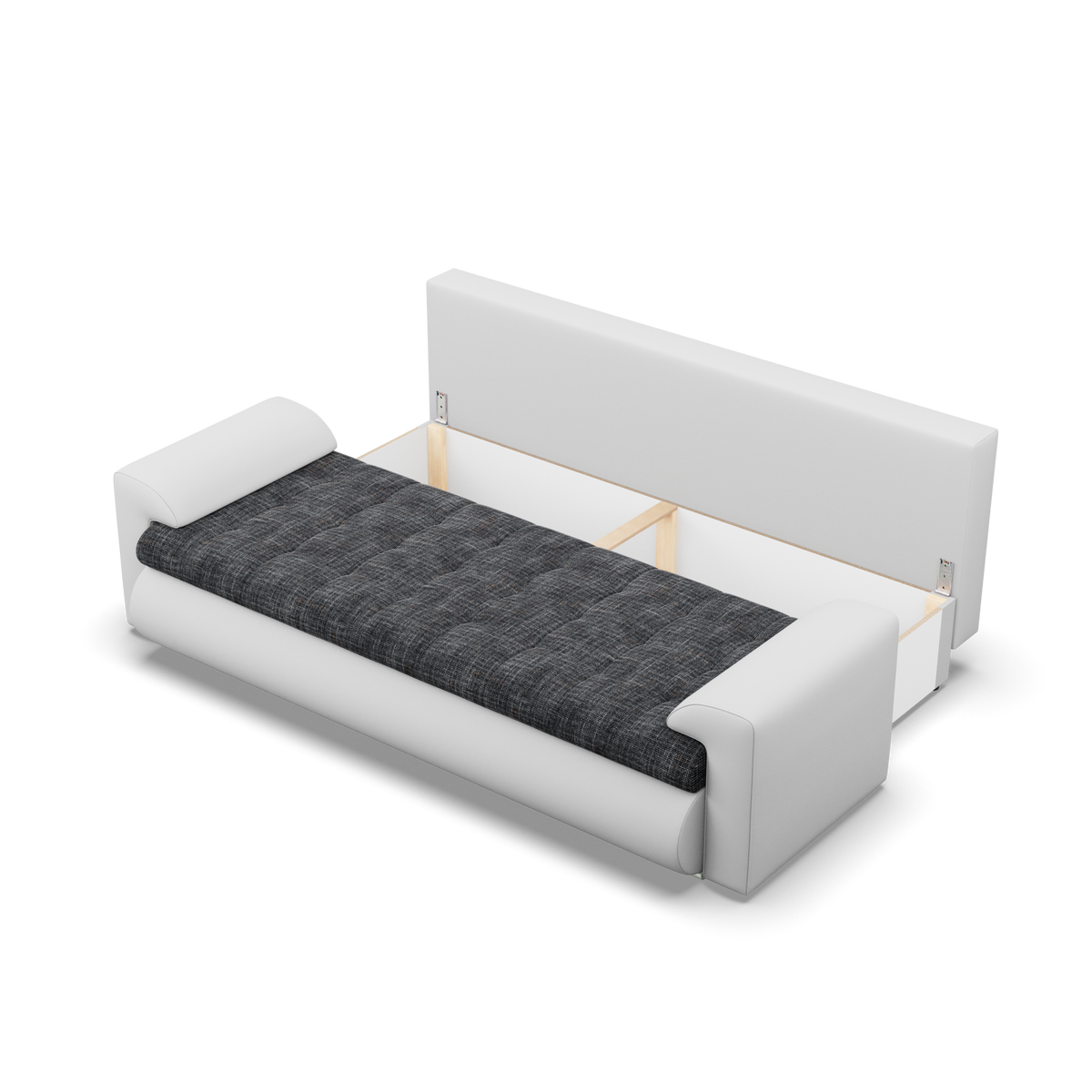 Sofa FORESTA – LAWA 17 + REAL 17 · Pelenų pilka + Balta – atverta patalynės dėžė #spalva_lawa 17 + real 17 · pelenų pilka + balta