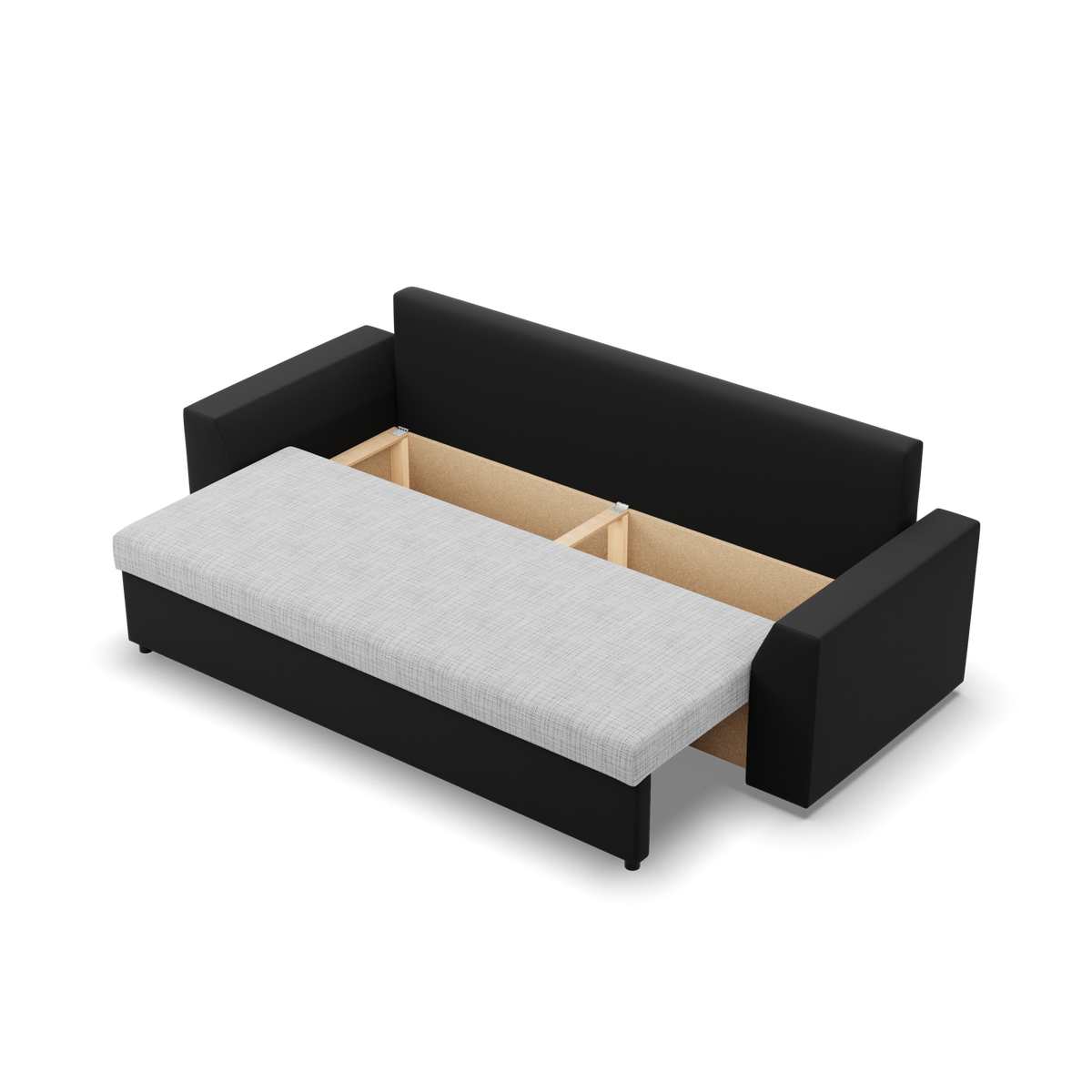 Sofa-lova LUGO – LAWA 09 + REAL 11 · Pilka + Juoda – atverta patalynės dėžė #spalva_lawa 09 + real 11 · pilka + juoda