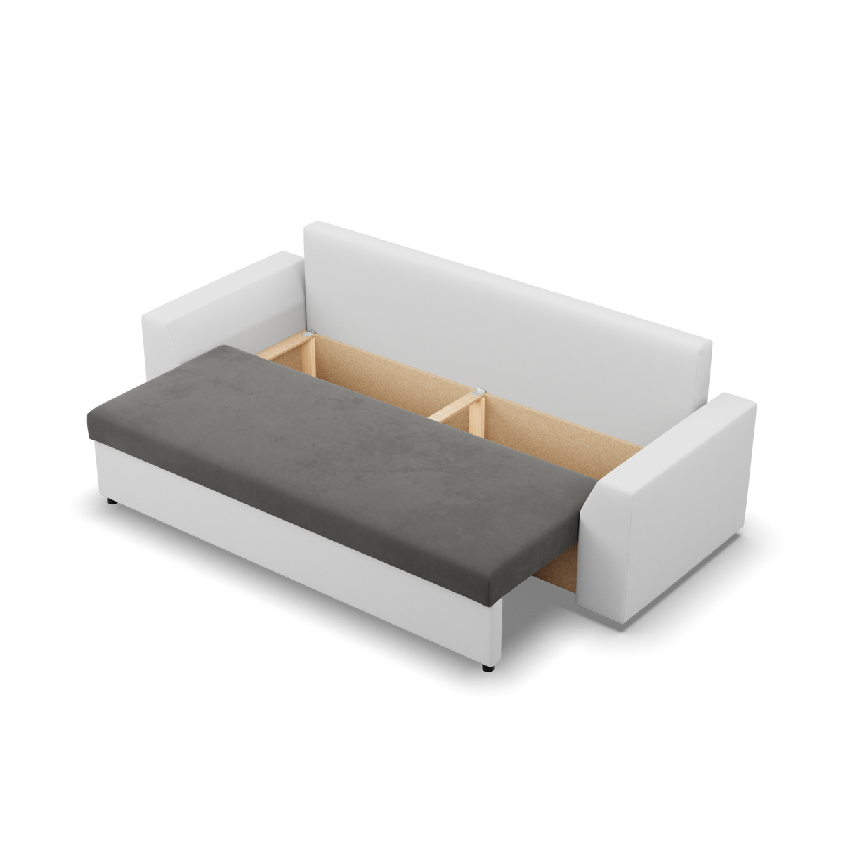 Sofa-lova LUGO – TRINITY 15 + REAL 17 · Tamsiai pilka + Balta – atverta patalynės dėžė #spalva_trinity 15 + real 17 · tamsiai pilka + balta