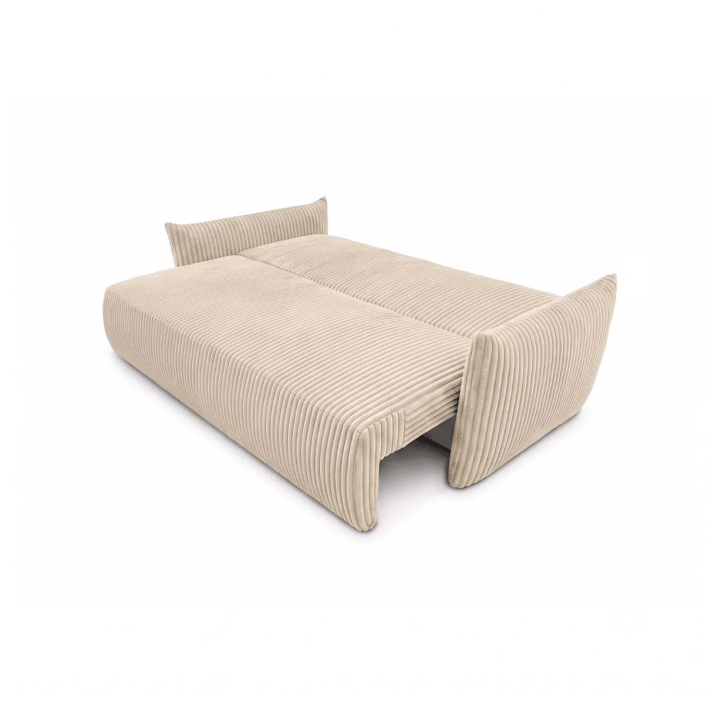 Sofa lova MELO – TILIA 03 · Smėlio – išskleista miegamoji dalis #spalva_tilia 03 · smėlio