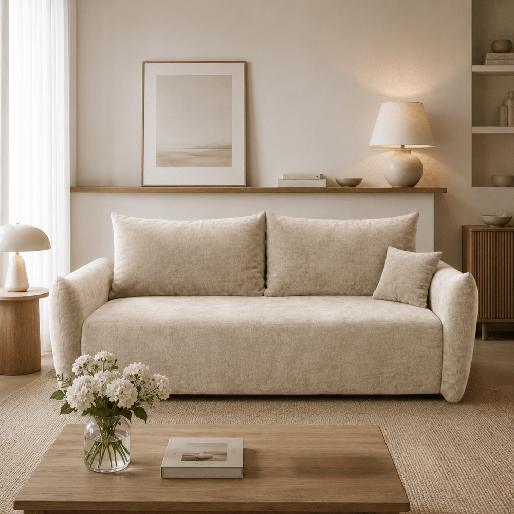 Sofa lova MELO – LUMO 55 · Smėlio – sofa interjere #spalva_lumo 55 · smėlio
