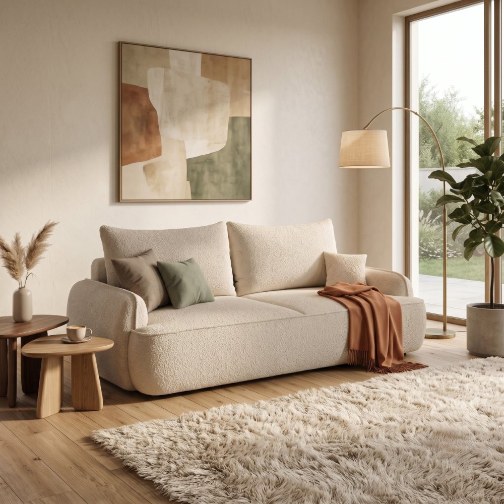 Sofa-lova OVELLA – CORAL 65 · Smėlio – sofa interjere #spalva_coral 65 · smėlio