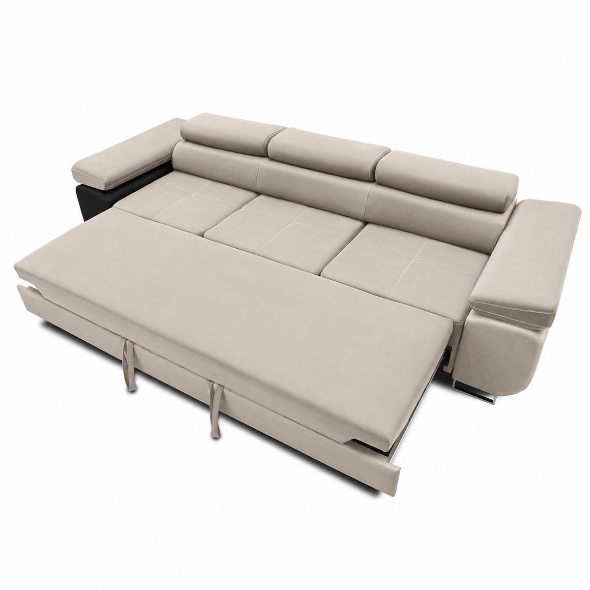 Sofa-lova RIGATTO, 280 cm – PAROS 02 · Smėlio – išskleista miegamoji dalis #spalva_paros 02 · smėlio