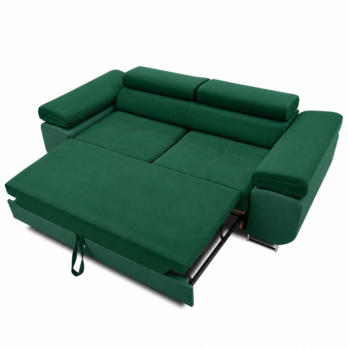 Sofa RIGATTO, 209 cm – KRONOS 19 · Butelio žalia – išskleista miegamoji dalis #spalva_kronos 19 · butelio žalia