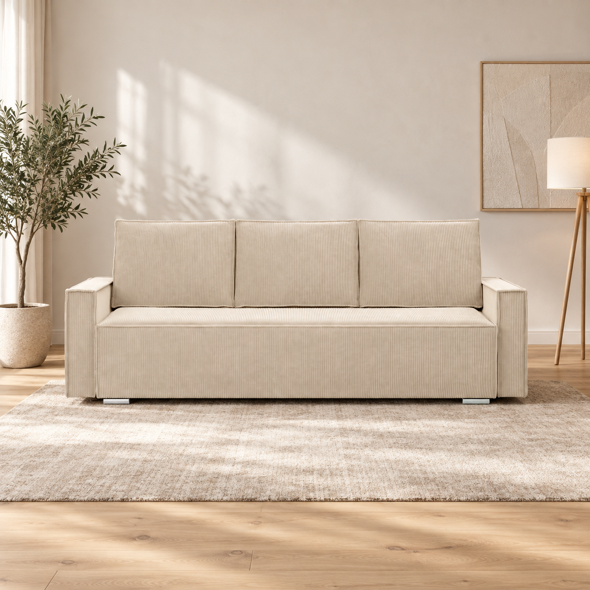 Sofa-lova NOTO – POSOS 100 · Smėlio – sofa interjere (vizualizacija) #spalva_posos 100 · smėlio