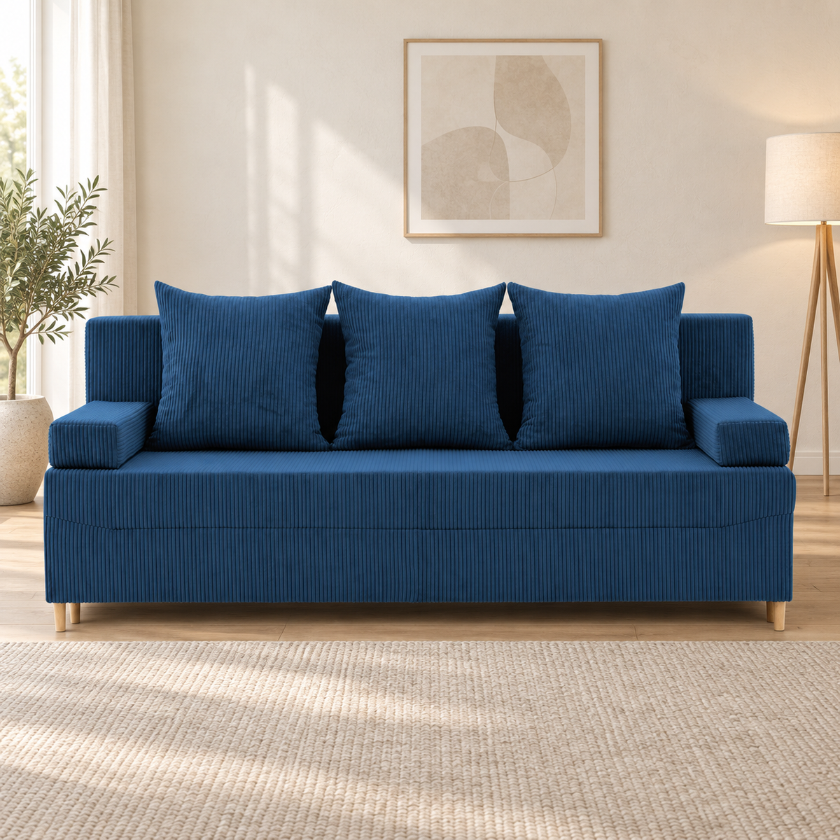Sofa-lova FIREZE – POSO 005 · Tamsiai mėlyna – sofa interjere (vizualizacija) #spalva_poso 005 · tamsiai mėlyna
