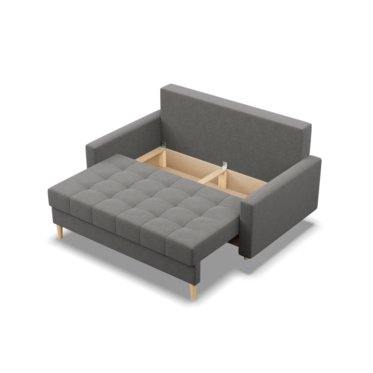 Sofa ELMA, 152 cm – LUX 06 · Tamsiai pilka – atverta patalynės dėžė #spalva_lux 06 · tamsiai pilka