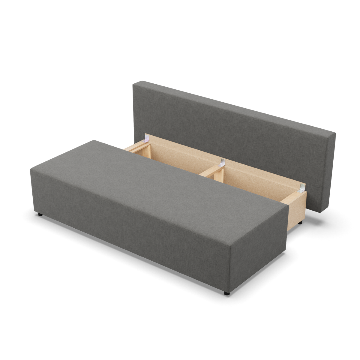 Sofa-lova FERMO – LUX 06 · Tamsiai pilka – atverta patalynės dėžė #spalva_lux 06 · tamsiai pilka