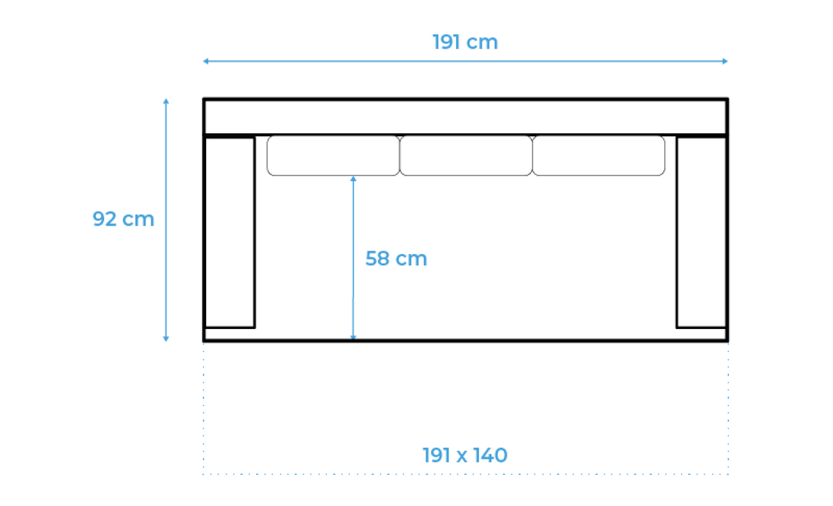 Sofa-lova FIREZE – matmenų schema #spalva_poso 005 · tamsiai mėlyna