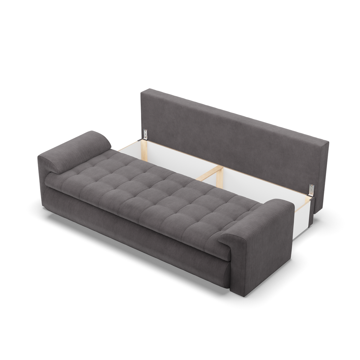 Sofa FORESTA – POSO 022 · Tamsiai pilka – atverta patalynės dėžė #spalva_poso 022 · tamsiai pilka