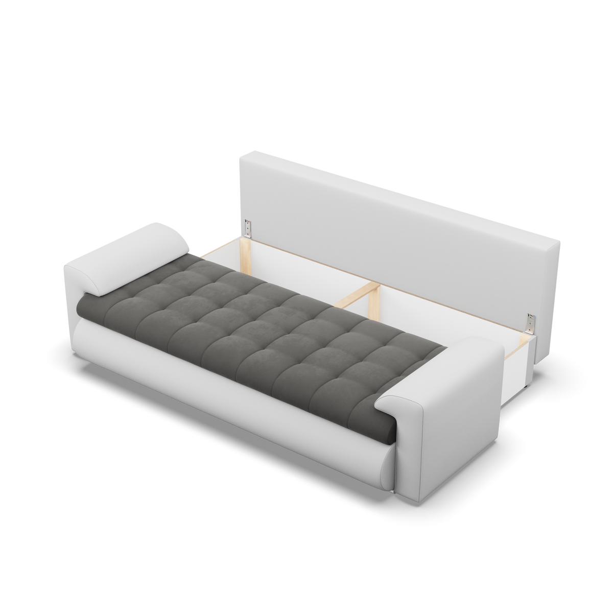 Sofa FORESTA – TRINITY 15 + REAL 17 · Tamsiai pilka + Balta – atverta patalynės dėžė #spalva_trinity 15 + real 17 · tamsiai pilka + balta