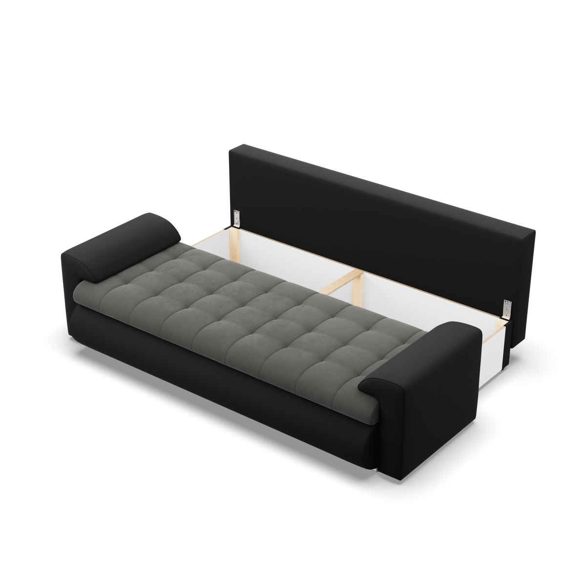 Sofa FORESTA – TRINITY 15 + REAL 11 · Tamsiai pilka + Juoda – atverta patalynės dėžė #spalva_trinity 15 + real 11 · tamsiai pilka + juoda