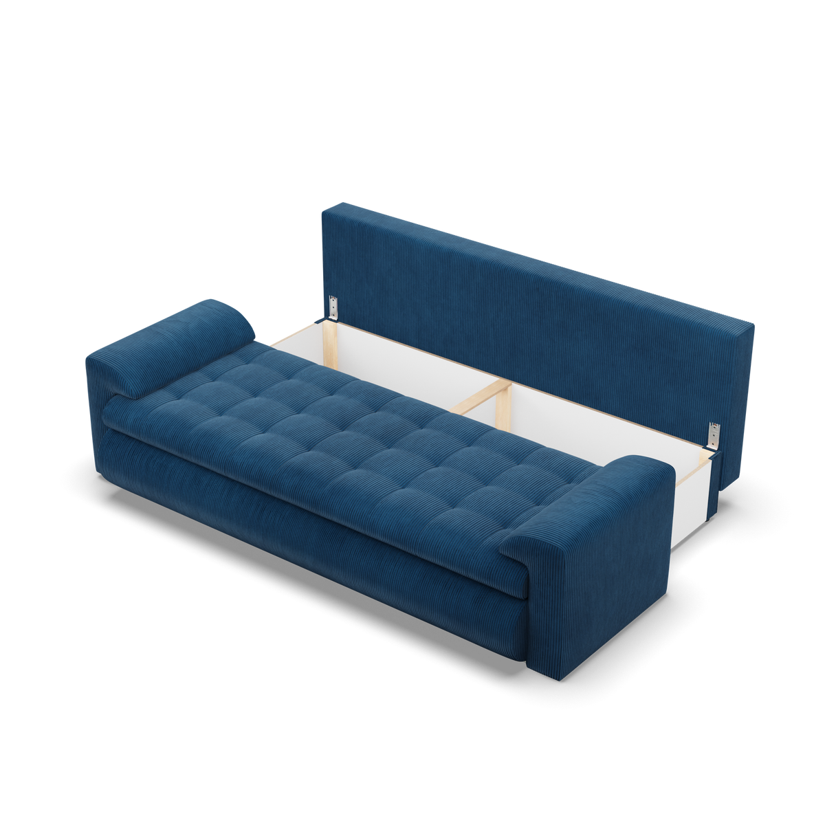 Sofa FORESTA – POSO 005 · Tamsiai mėlyna – atverta patalynės dėžė #spalva_poso 005 · tamsiai mėlyna