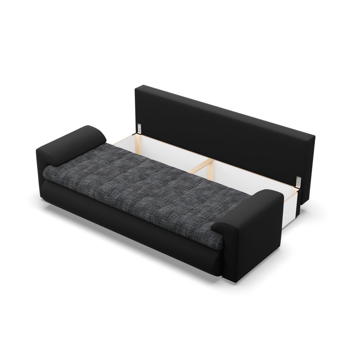 Sofa FORESTA – LAWA 17 + REAL 11 · Pelenų pilka + Juoda – atverta patalynės dėžė #spalva_lawa 17 + real 11 · pelenų pilka + juoda