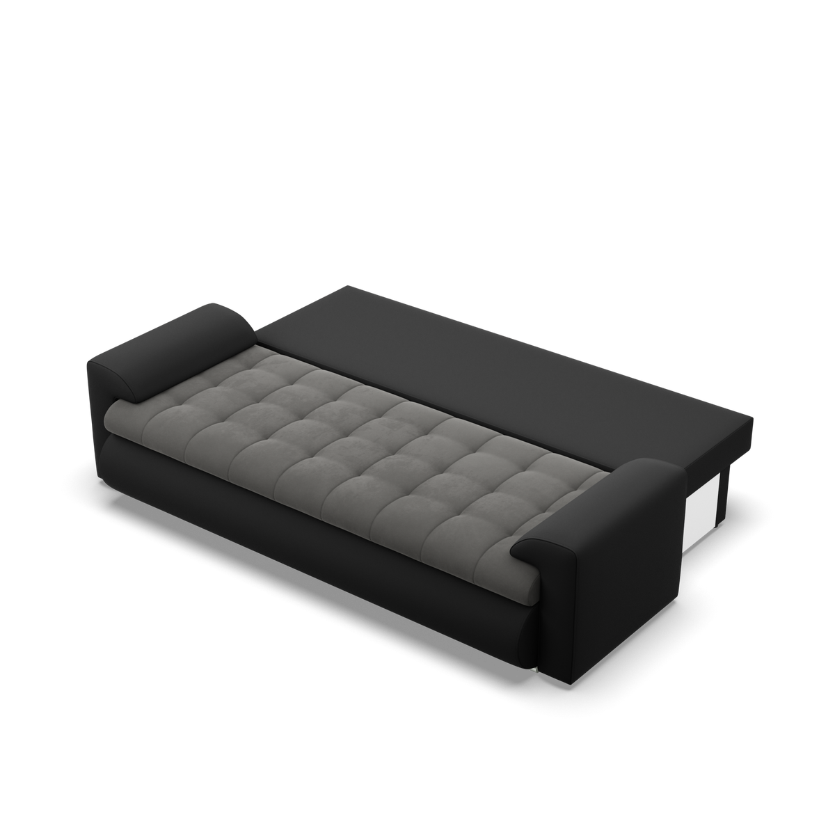 Sofa FORESTA – TRINITY 15 + REAL 11 · Tamsiai pilka + Juoda – išskleista miegamoji dalis #spalva_trinity 15 + real 11 · tamsiai pilka + juoda