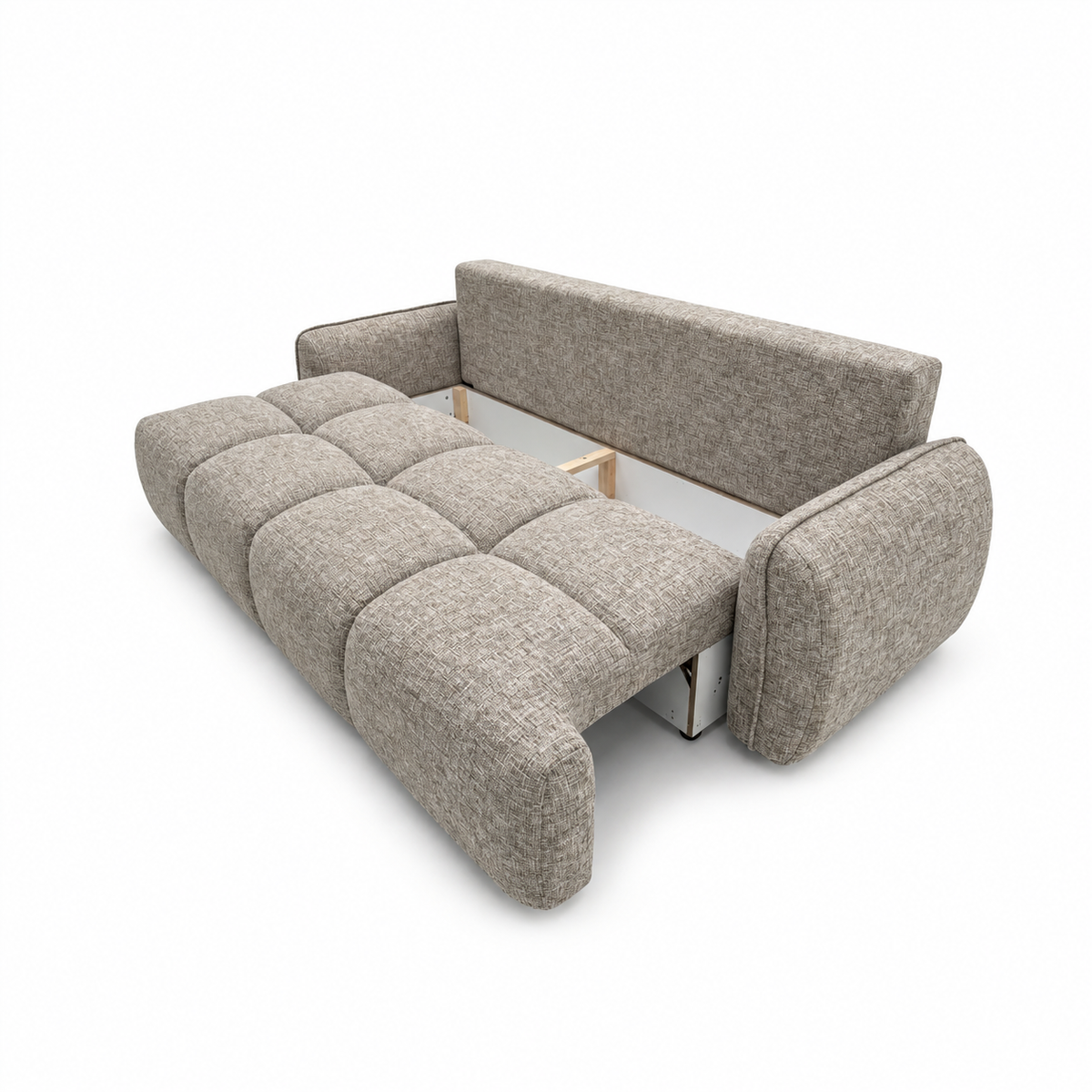Sofa-lova LOBINO – BELLA 55 · Tamsiai smėlio – atverta patalynės dėžė #spalva_bella 55 · tamsiai smėlio