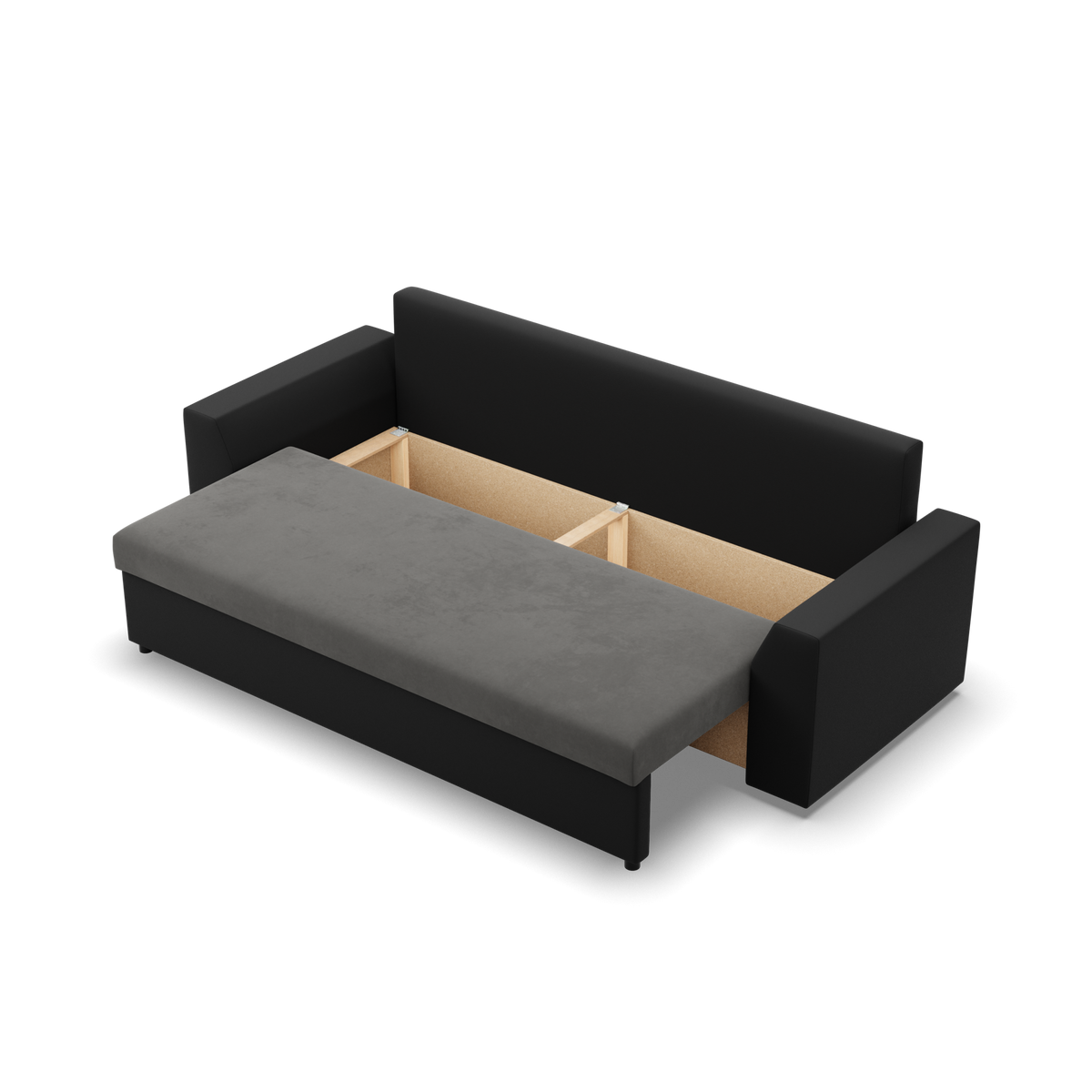 Sofa-lova LUGO – TRINITY 15 + REAL 11 · Tamsiai pilka + Juoda – atverta patalynės dėžė #spalva_trinity 15 + real 11 · tamsiai pilka + juoda