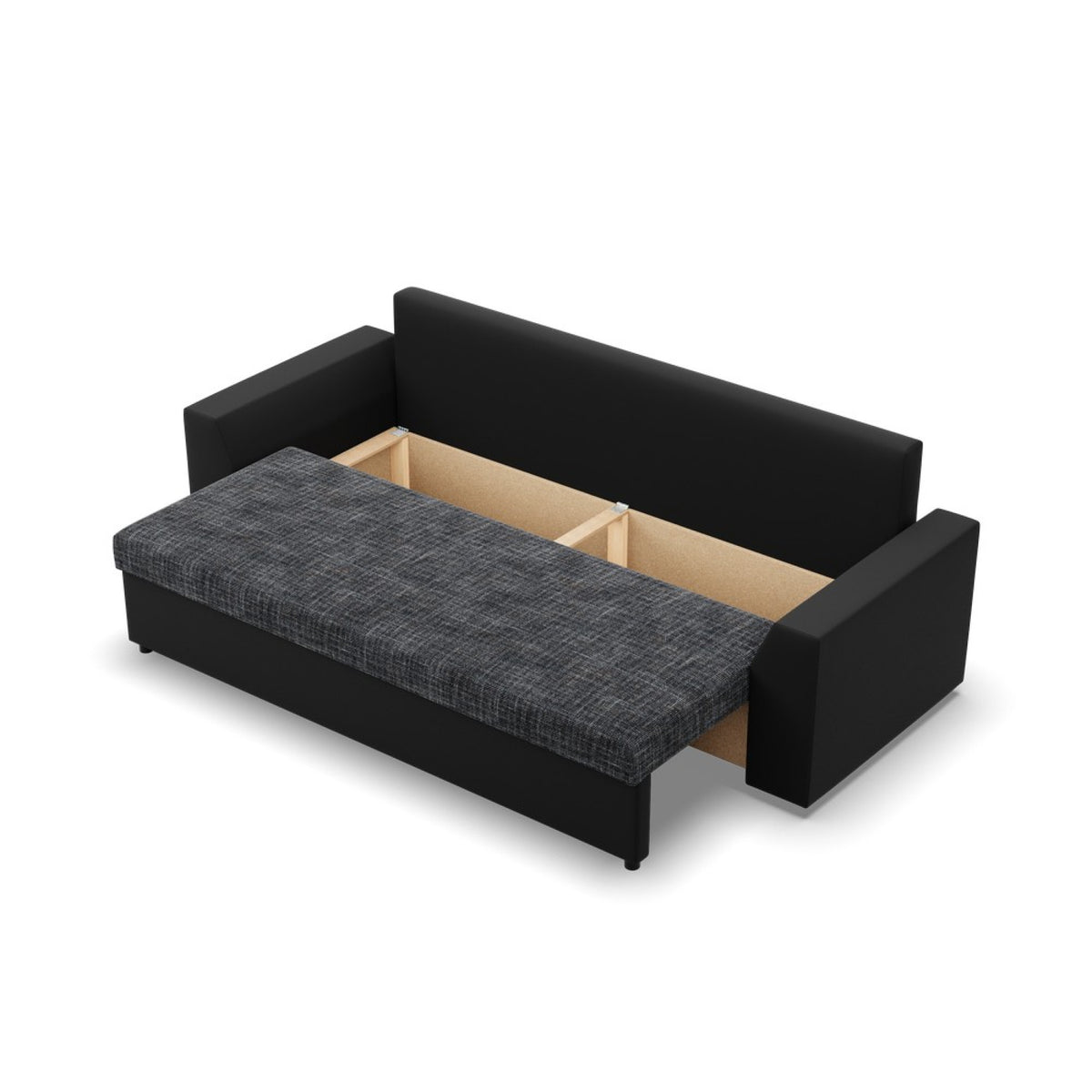 Sofa-lova LUGO – LAWA 17 + REAL 11 · Pelenų pilka + Juoda – atverta patalynės dėžė #spalva_lawa 17 + real 11 · pelenų pilka + juoda