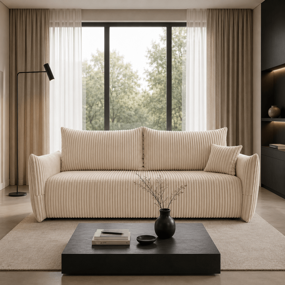 Sofa lova MELO – TILIA 03 · Smėlio – sofa interjere #spalva_tilia 03 · smėlio