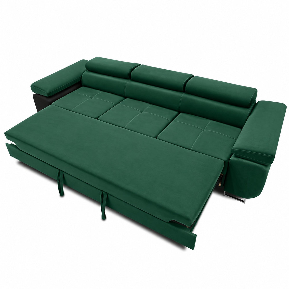 Sofa-lova RIGATTO, 280 cm – KRONOS 19 · Butelio žalia – išskleista miegamoji dalis #spalva_kronos 19 · butelio žalia