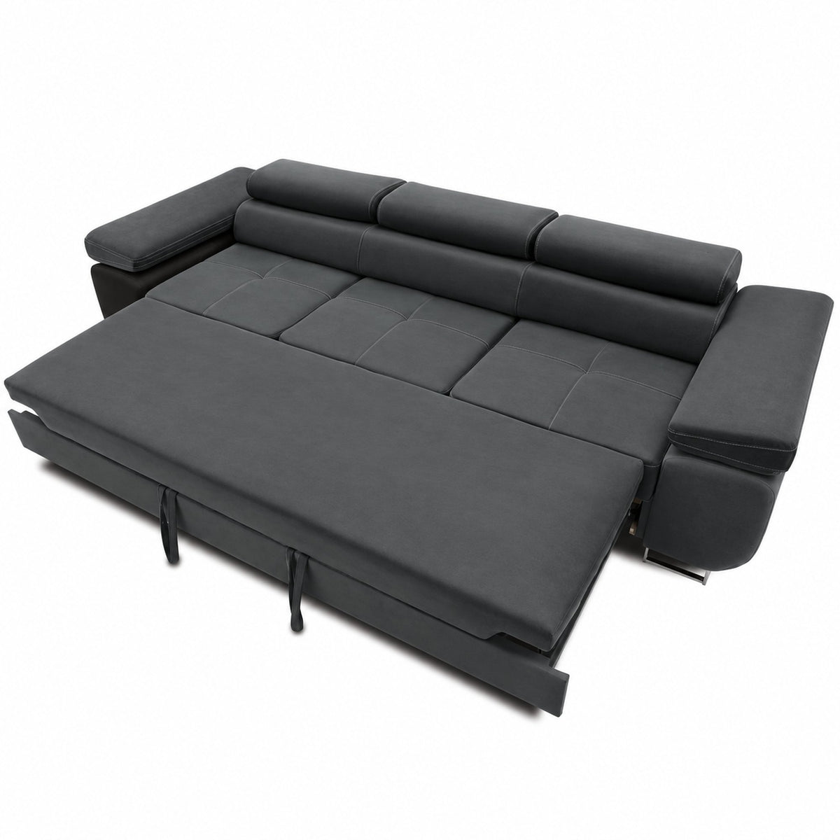 Sofa-lova RIGATTO, 280 cm – KRONOS 34 · Tamsiai pilka – išskleista miegamoji dalis #spalva_kronos 34 · tamsiai pilka