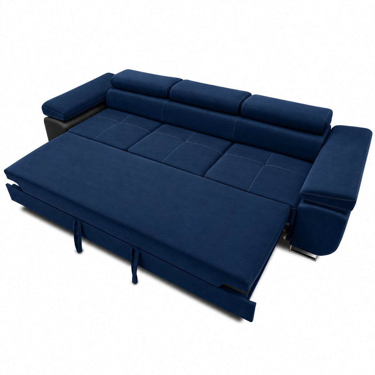 Sofa-lova RIGATTO, 280 cm – KRONOS 09 · Tamsiai mėlyna – išskleista miegamoji dalis #spalva_kronos 09 · tamsiai mėlyna