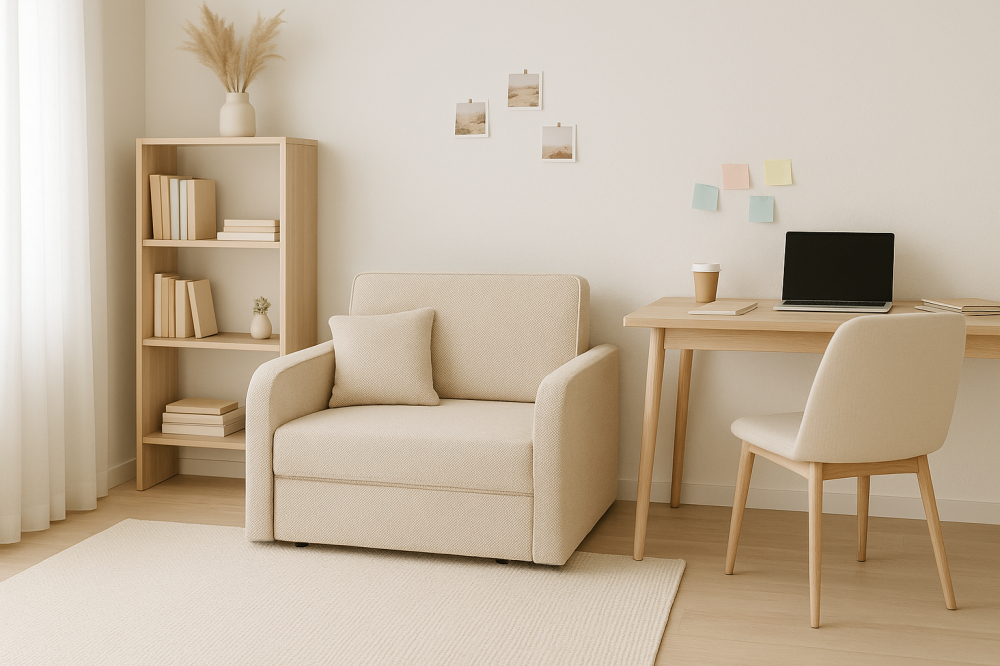 Sofa-lova SOMO – ONEGA 14 · Smėlio – sofa interjere #spalva_onega 14 · smėlio