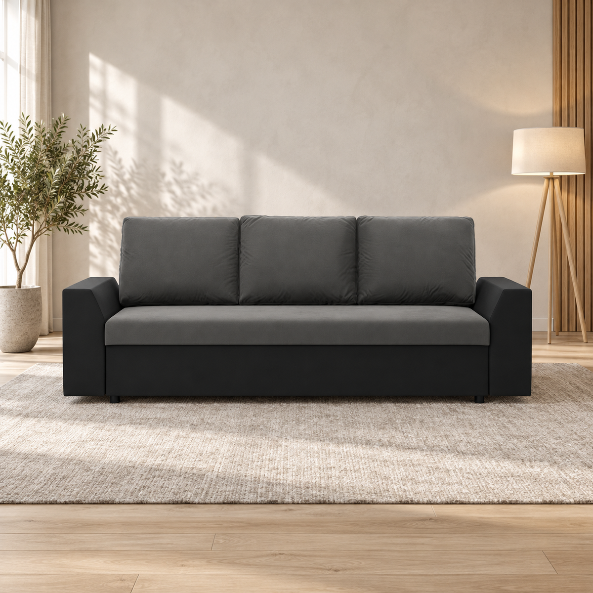 Sofa-lova LUGO – TRINITY 15 + REAL 11 · Tamsiai pilka + Juoda – sofa interjere (vizualizacija) #spalva_trinity 15 + real 11 · tamsiai pilka + juoda