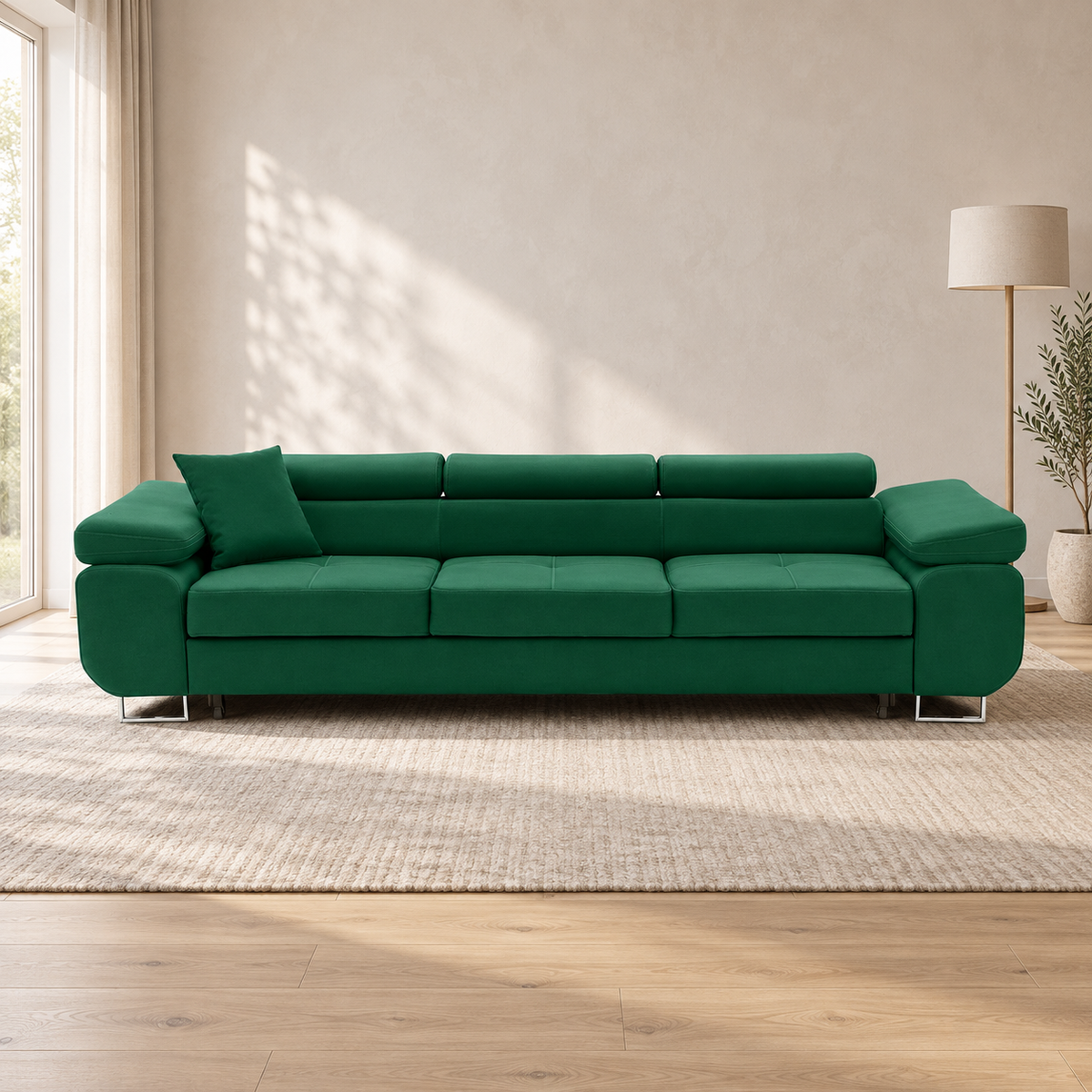 Sofa-lova RIGATTO, 280 cm – KRONOS 19 · Butelio žalia – sofa interjere (vizualizacija) #spalva_kronos 19 · butelio žalia